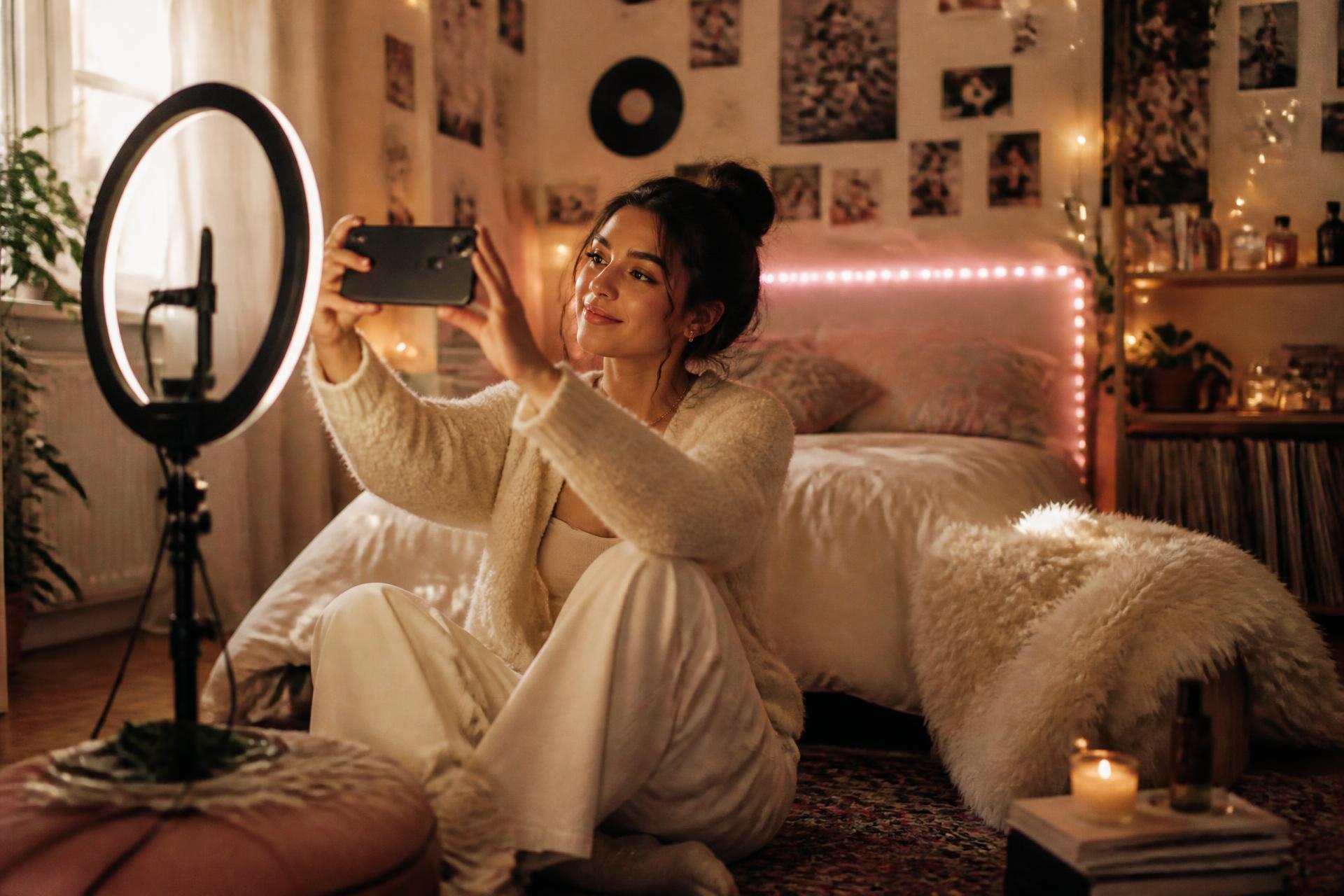 Creator gravando live no quarto, ring light acesa, ambiente acolhedor com LED, polaroids e plantas