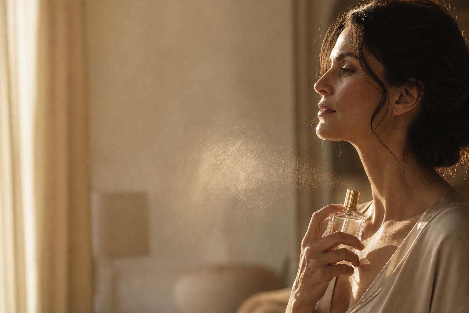 Mulher aplicando perfume em uma suíte iluminada pela luz dourada